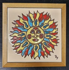 1999 Earthtones SUN Southwestern Sunface Art Tile Wood Trivet Mexican 7x7