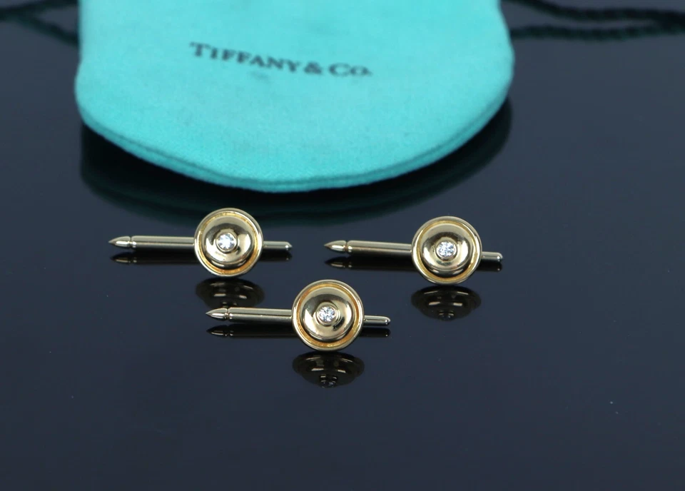 Vintage 1981 Tiffany Co Paloma Picasso 18K Yellow Gold Diamond Cufflink Stud Set - Image 3 of 4