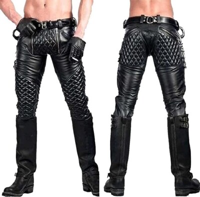 Men's Real Black Cowhide Leather Pant Quilted Bluf Biker Pants, Jeans, Trousers