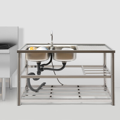 2 Compartment Commercial Kitchen Sink Prep Table with Faucet Set Stainless Steel
