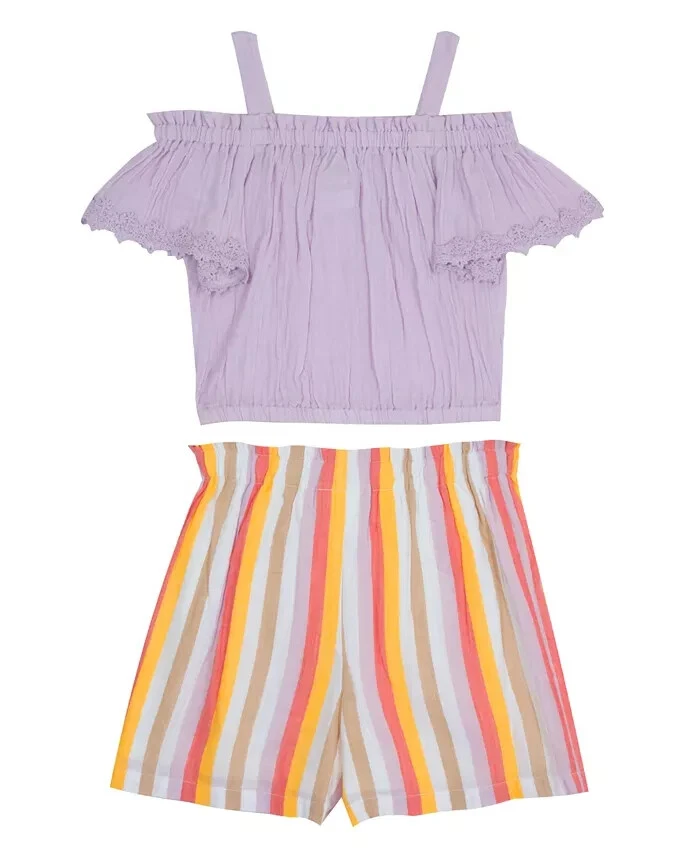 EDICIONES RARAS Conjunto de Pantalones Cortos de Gasa para Niñas Grandes Corbata Frontal Top a Teñido de Anhelo Lila Talla 14 Foto 2 de 2