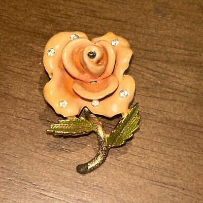 Ciner Signed Vintage Gold Tone Coral/Pink Enamel Rhinestone Flower Rose Brooch