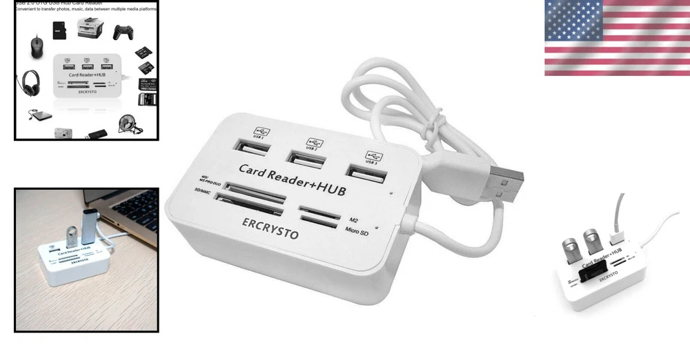 Compact White USB Hub & Card Reader - Plug & Play with Multi-Card Support