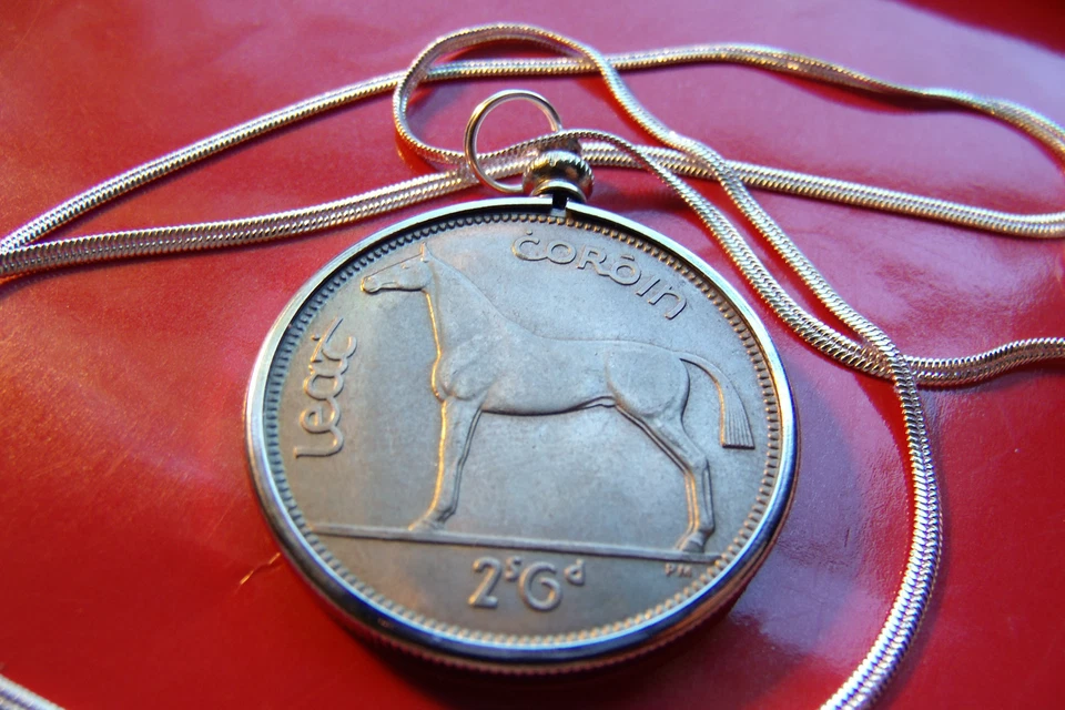 COLGANTE MONEDA GAÉLICO IRLANDÉS 1966 media fibra de coco en una cadena de espiga de oro blanco de 24" Foto 3 de 4