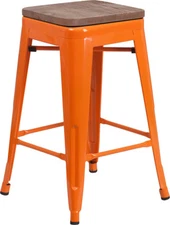 24" Industrial Style Orange Metal Counter Height Stool with Wood Seat