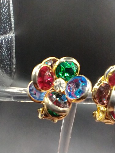 Vintage Gold tone Bezel Set Multi-Color Faceted Crystal Flower Earrings E1 - Picture 5 of 8