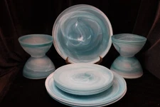 RARE TURQUOISE ART GLASS SWIRLS 12 PIECES DINNER & SALAD PLATES BOWLS 4 EACH