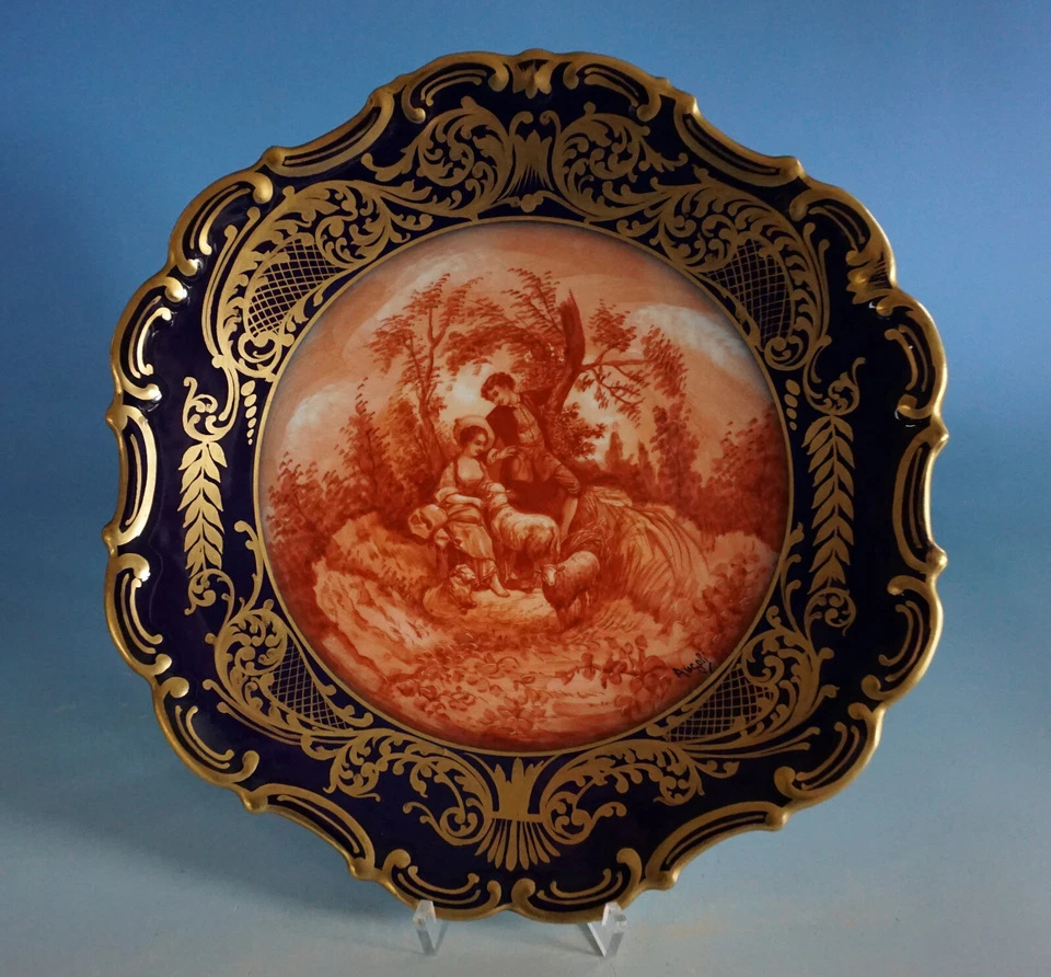 Limoges Prunkteller Zierteller Kobalt Gold Schäfer Rokoko Stil Angeli (F23-1279) - Bild 1 von 4