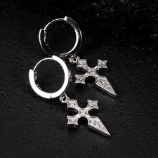 Mens Iced Cz 925 Sterling Silver Dagger Hanging Cross Dangle Hoop Earrings