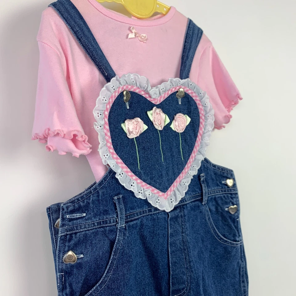 Винтажный Jean комбинезон платье сердце аппликация розовая рубашка наряд размер 5 - Изображение 2 из 3