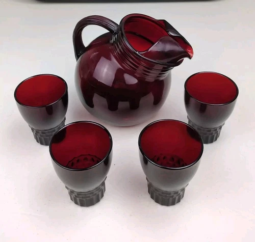 Set of 5 VTG Anchor Hocking Windsor Royal Ruby Red Pitcher and 8oz Juice Glasses