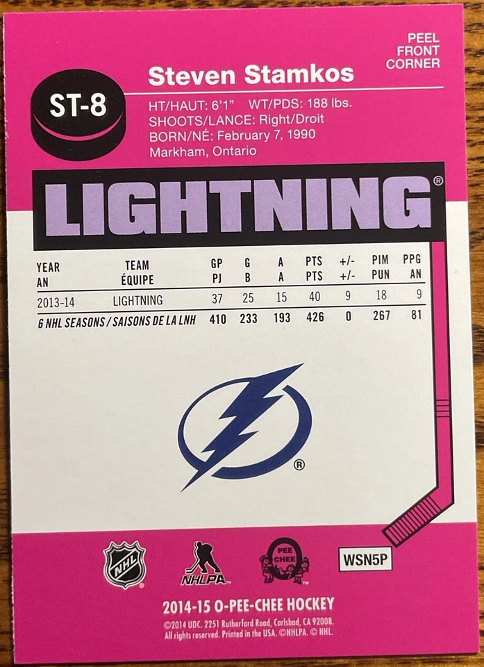 2014-15 O-Pee-Chee Stickers Steven Stamkos #ST-8 Tampa Bay Lightning - Image 2 of 2