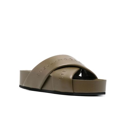 Stella McCartney $695 Crossband Logo Platform Slide Sandals Green