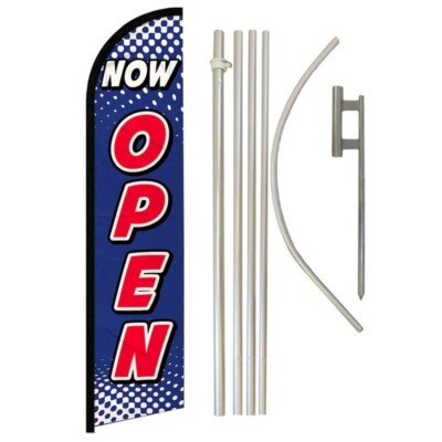 Now Open Blue & White Windless Banner Flag & Flag Pole Kit & Ground Spike