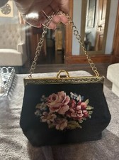 Vintage 1950s Black Floral Needlepoint Petit Point Purse Bag Handbag Top Handle