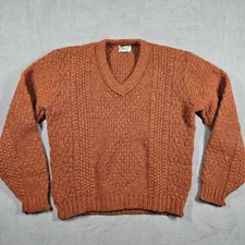 Vintage Campus Sweater Women Medium Fisherman Wool Blend Kodel V Neck Orange USA