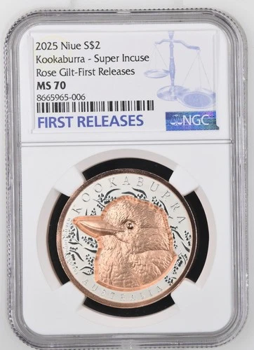 1 Oz Silver Coin 2025 Niue Kookaburra Rose Gild Super Incused NGC MS 70 POP 16