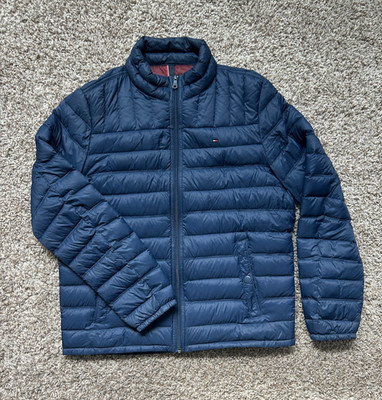 NWOT Tommy Hilfiger Mens MED Packable Down Puffer Jacket Full Zip Navy Mock Neck