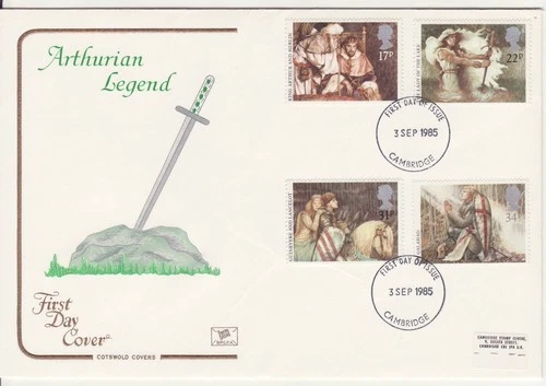 GB Stamps First Day Cover Arthurian Legend, Sword, Shield, magic COTSWOLD 1985