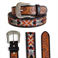 Southwestern Rodeo Multicolor Beaded Leather Belt Floral Size 34 Aztec Pattern