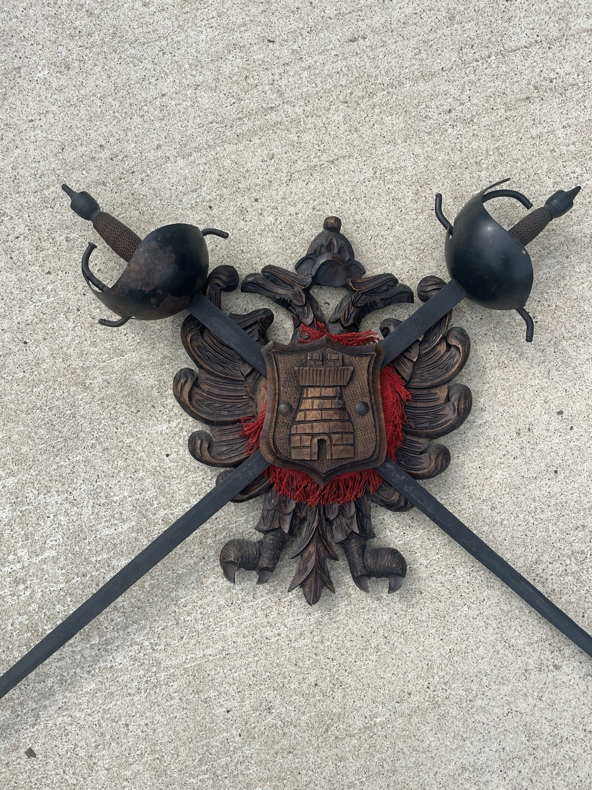 Crossed Swords Wall Hanging Medieval Carved Wood Shield Mount Duel Griffin VTG