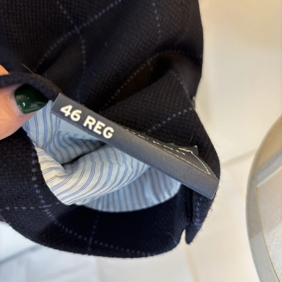 Lands End Wool Cashmere Coat Blazer Mens size 46 Navy Blue Large Check 2 Button - Image 4 of 4