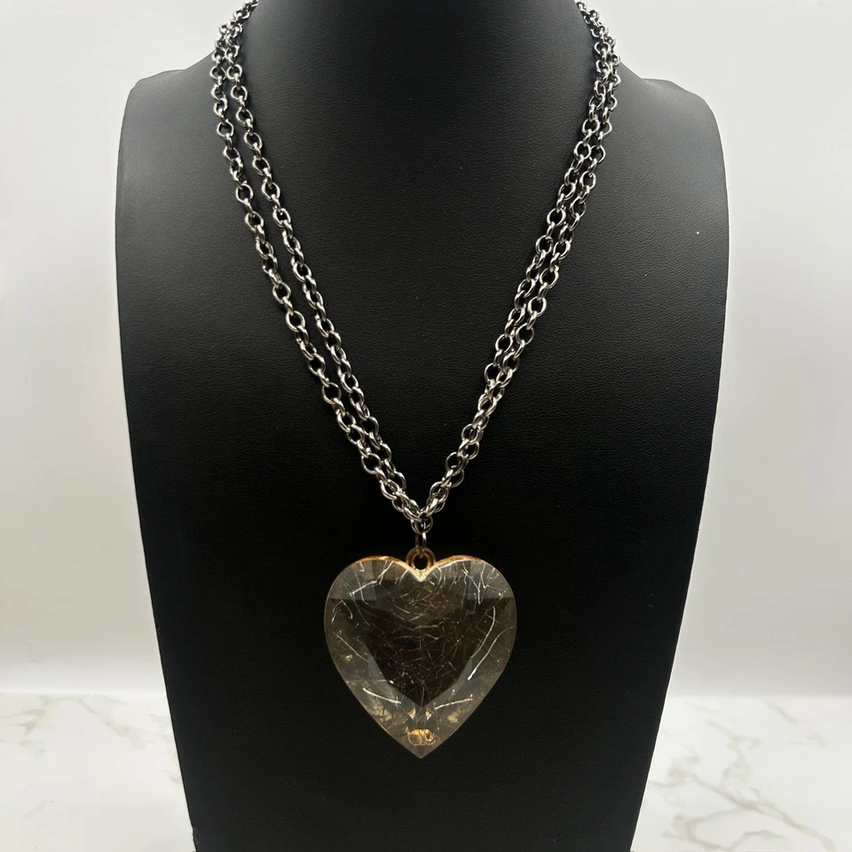 Collar de cadena de plata grueso grande colgante de corazón de vidrio agrietado Y2K declaración Foto 2 de 4