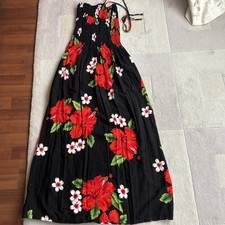 Full Length Black With Red Flowers Strapless Dress - Elasticated Top - 8-10