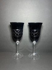 VTG Set of 2 Black & Clear Cut Crystal Gioielli Da Tavola Le Stelle Wine Glasses