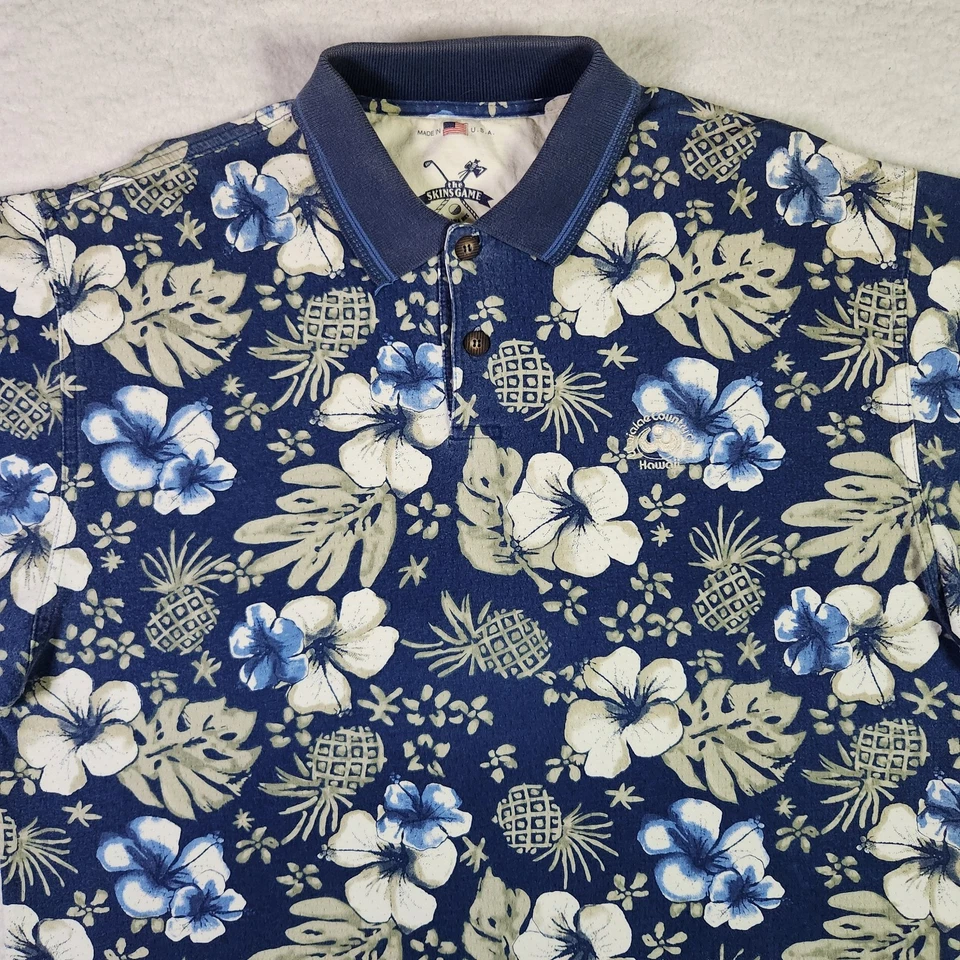 Polo de golf hawaiano The Skins Game vintage para hombre XL azul floral hecho en EE. UU. Foto 2 de 4