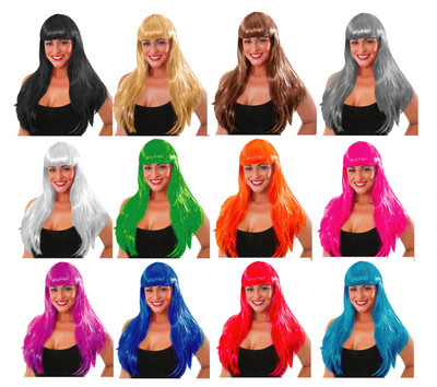 Lange Perücke Fransen Halloween Neon Kostüm Hexe 80er Katy Perry glattes Haar