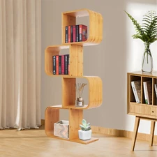 4-Tier S-shaped Bookcase Floor Standing Bookcase Bamboo Bookcase Wood Color Room