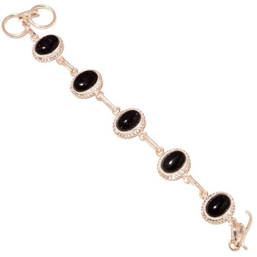 Blue Goldstone Cabochon Oval Gemstone 925 Silver Handmade Statement Bracelet