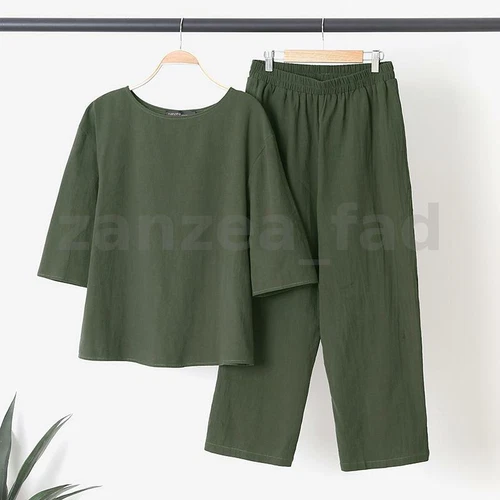 ZANZEA UK Womens Cotton Tracksuit Suit Sets Casual Loose Shirt Trousers Outfits - Picture 8 of 20
