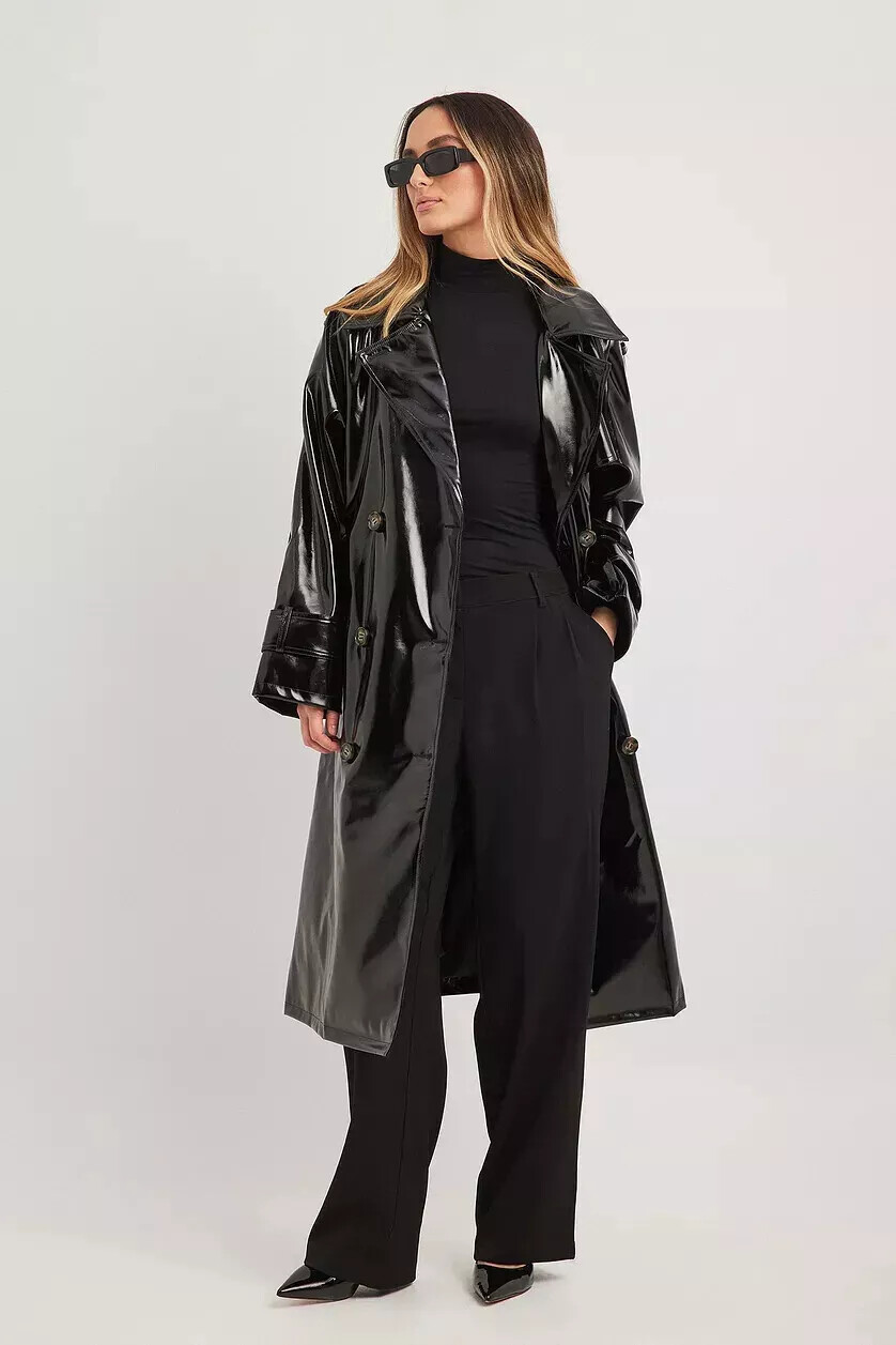 Black PVC Vinyl women's Shinny trench long Coat Waterproof Long Mac image 2