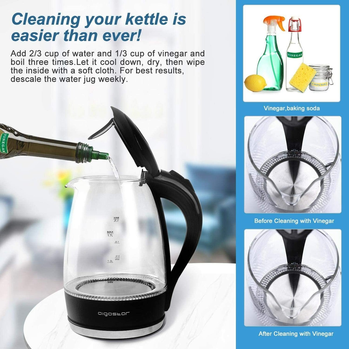 Bouilloire électrique Aigostar Adam 1,7L Noire - Sans BPA, LED, Col De Cygne