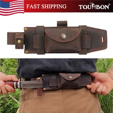 TOURBON Survival Leather Tracker Knife Sheath Horizontal Belt Holster with Pouch