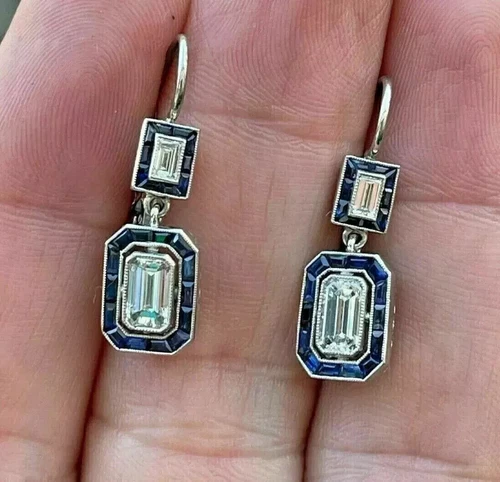 Art Deco Emerald Cut Lab Created Diamond & Sapphire 14K White Gold FN Earrings