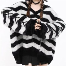 Women Oversize Loose Faux Fur Stripe V Neck Baggy Sweater Casual Jumper Tops
