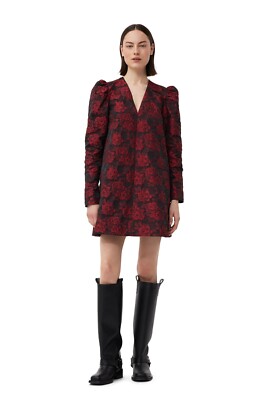 knee length dresses for ladies 3D Jacquard Wrap Ruffle Dress in Meadow Black main image 0