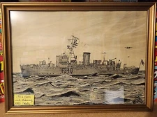 1952 Original Framed Pen & Ink Drawing of the Danish Navy Ship HMS Thetis 14x10