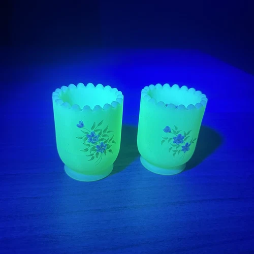 Set Of 2 Fenton Uranium Custard Glass Hand Painted Floral Toothpick Holders