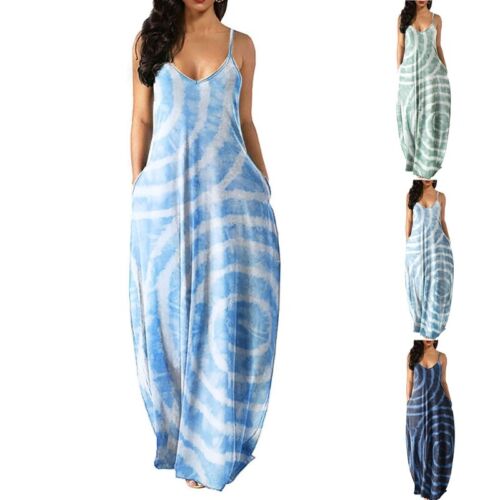 Women Sleeveless V-Neck Circle Print Pockets Maxi Long Sling Dress - Picture 1 of 9