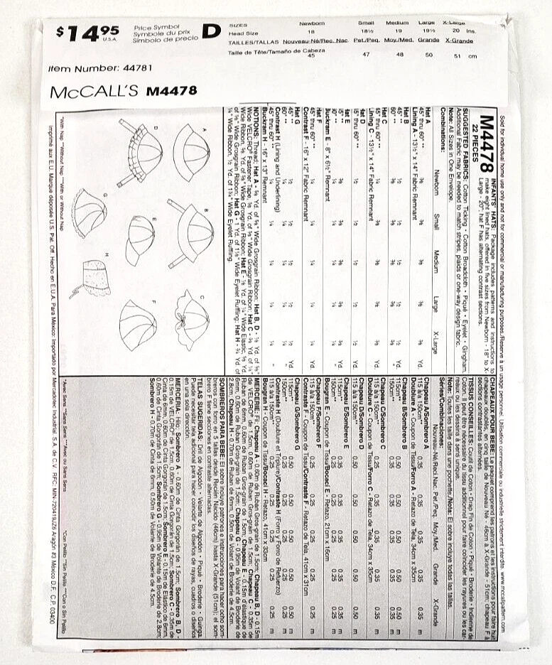 McCall's 4478 Sewing Pattern Infants Hats Baby/Toddler Bonnets All Sizes - Image 2 of 3