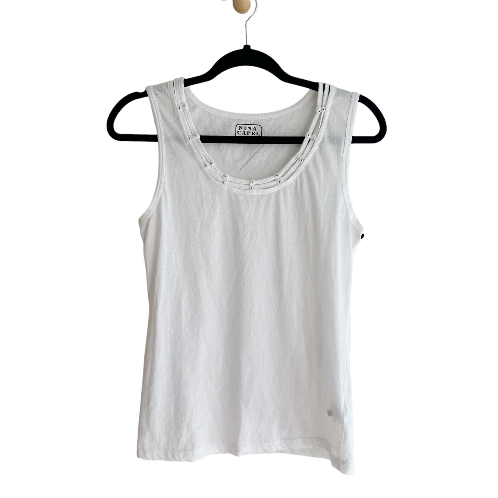 Nina Capri White Studded Neckline Tank Top - Size Medium Chic Detail  