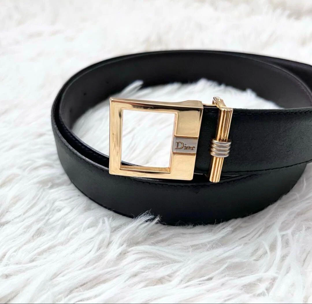 Ceinture vintage Christian Dior cuir noir logo boucle made in France E235