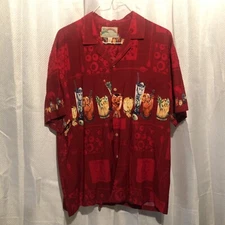 Vintage Paradise Found red men’s XL button down “happy hour” Hawaiian shirt￼