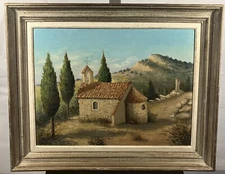 French School XXth Landscape of The South of The Loire Chapel 46 x 60 cm Signed