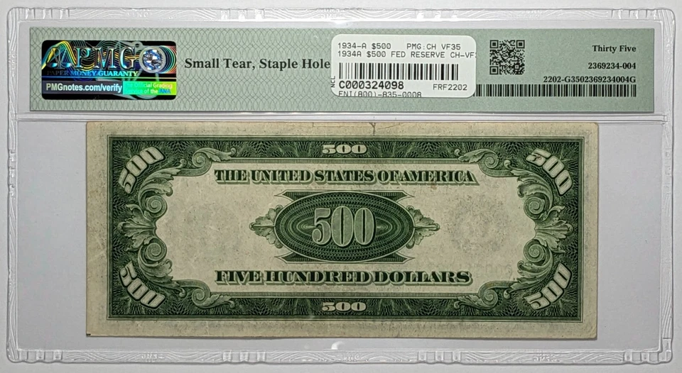 1934A $500 Federal Reserve Note Chicago Fr#2202-G PMG Ch VF 35 - Image 2 of 3