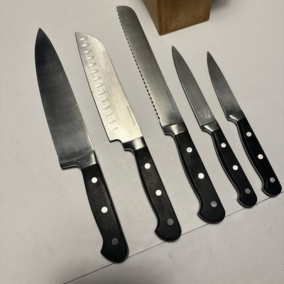 JA HENCKELS Fine Edge Black 5 Pc Set w/ Block. Bread Knife, Paring, Steak. Sharp